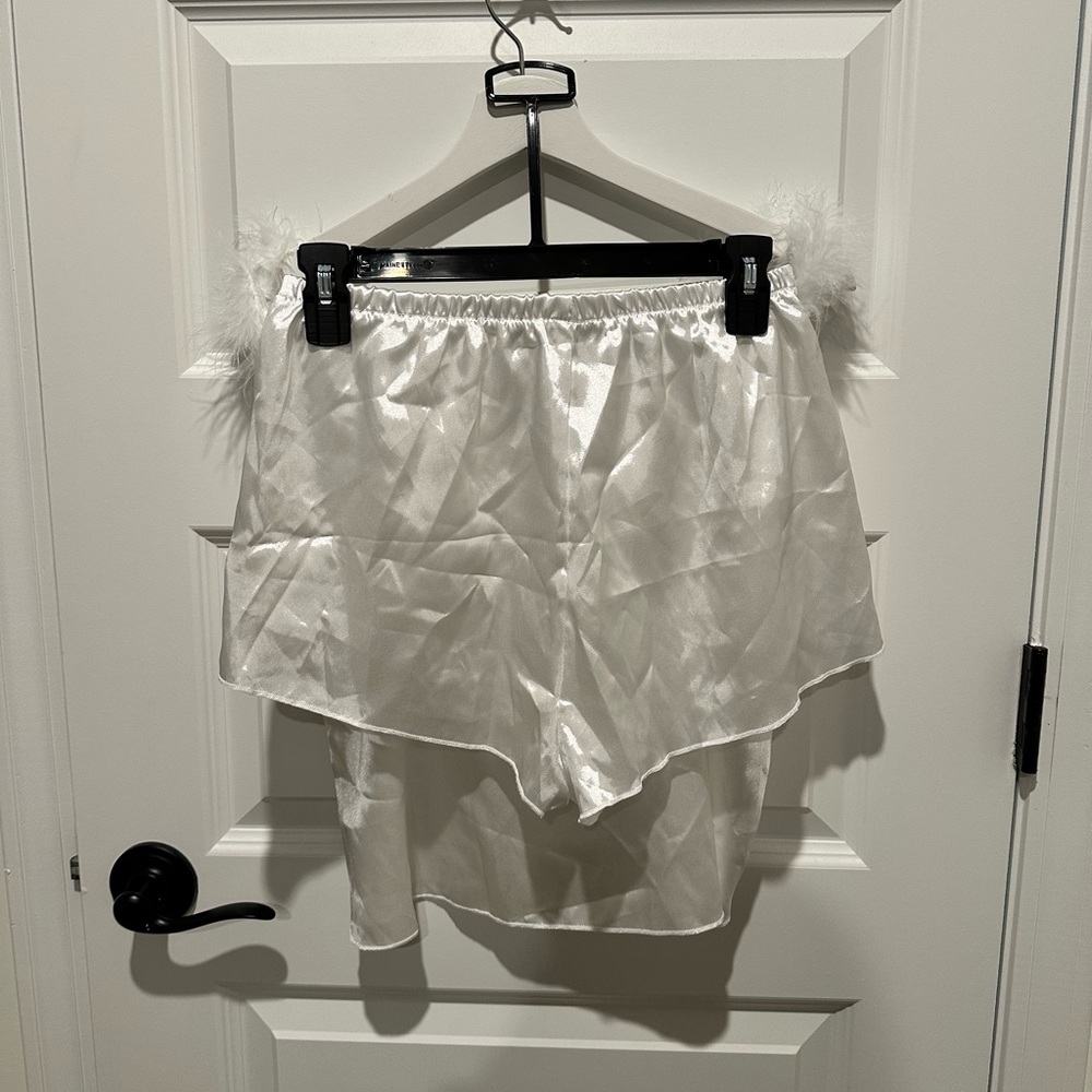 White Satin Feather Trim Short PJ Set